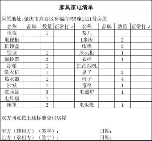 家具清单模板-租房家具清单模板